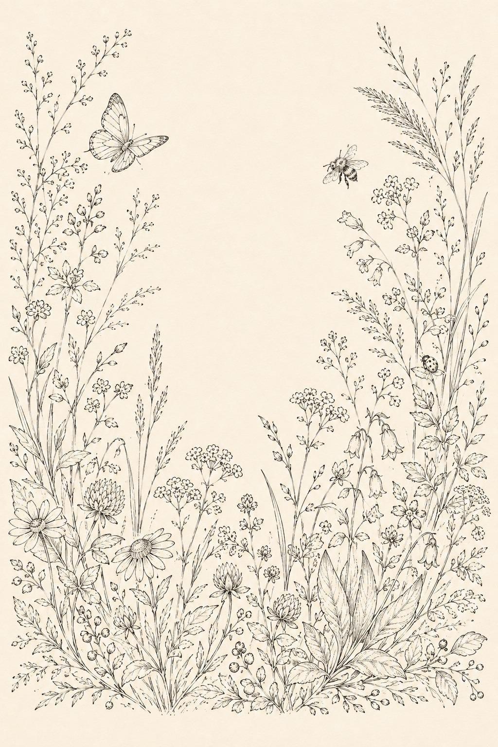 Meadow Insects Botanical transfer linework preview for the digital hand embroidery pattern and stitch guide