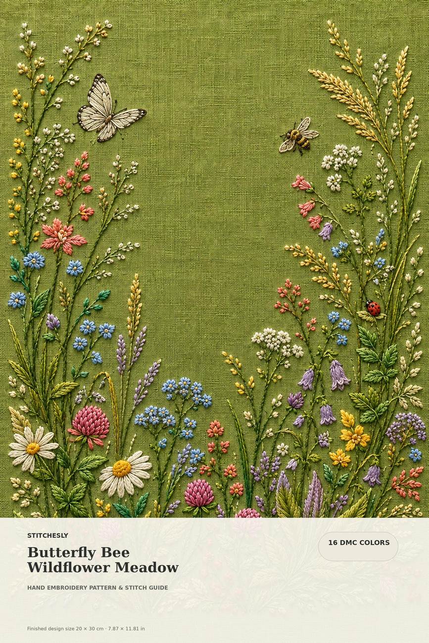 Meadow Insects Botanical pattern edition overview for the digital hand embroidery pattern and stitch guide