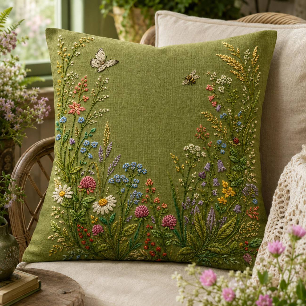 Meadow Insects Botanical stitch detail closeup for the digital hand embroidery pattern and stitch guide