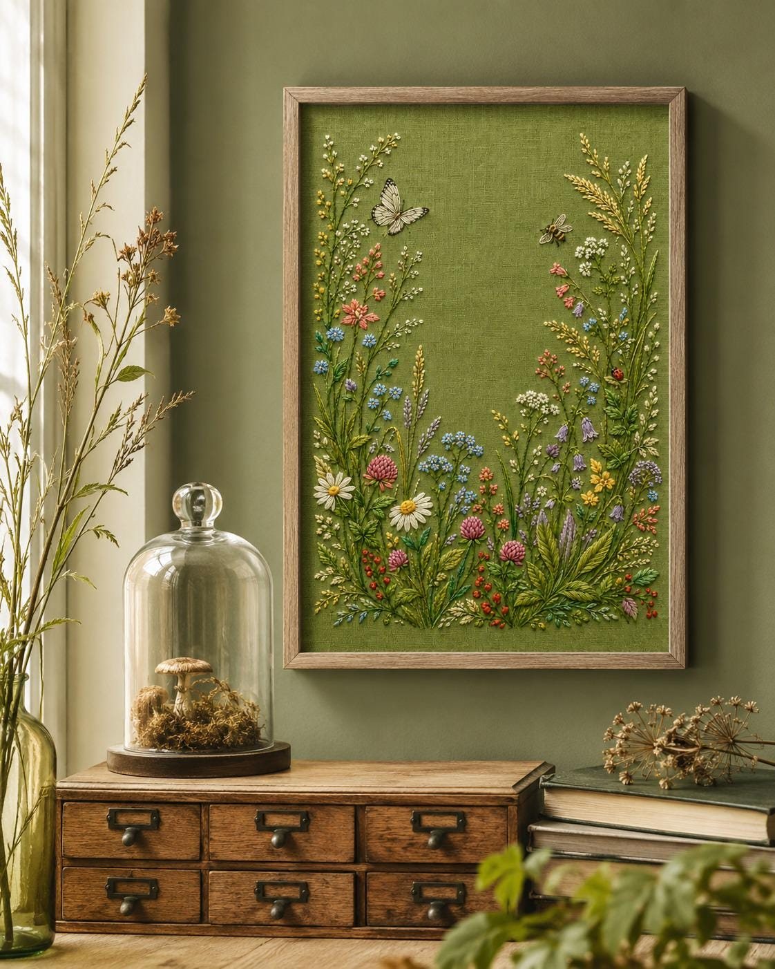 Meadow Insects Botanical finished design flatlay for the digital hand embroidery pattern and stitch guide