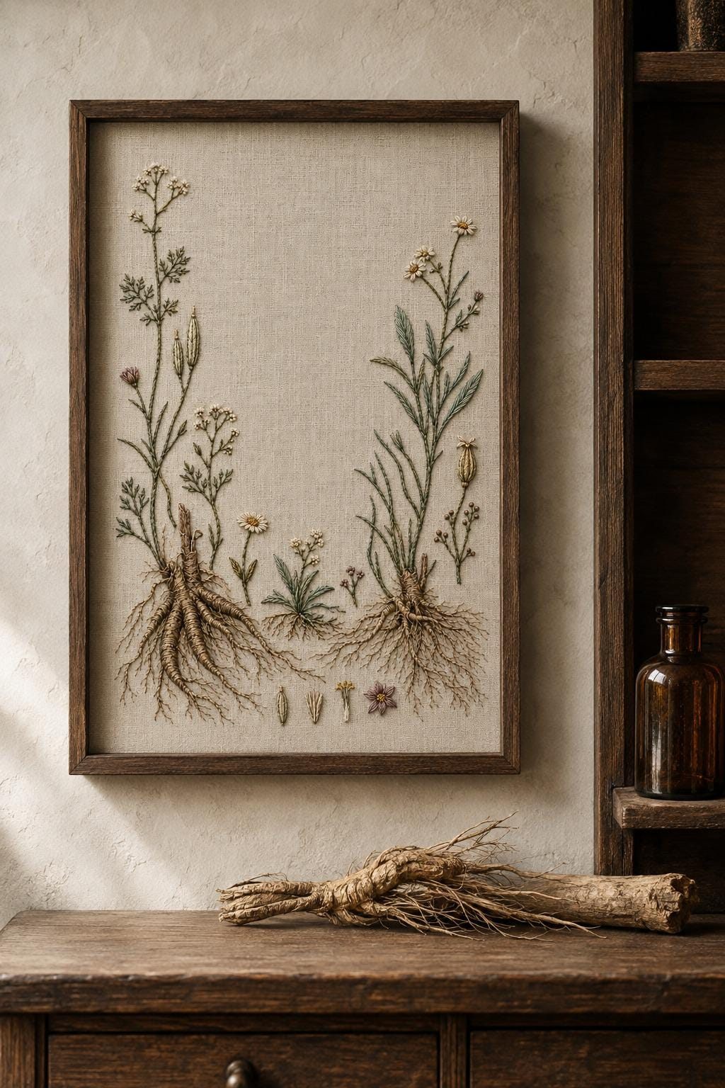 Medicinal Roots and Flowers finished hoop hero for the digital hand embroidery pattern and stitch guide
