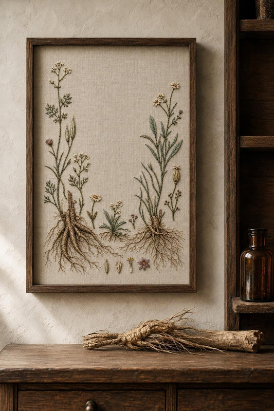 Medicinal Roots and Flowers finished hoop hero for the digital hand embroidery pattern and stitch guide