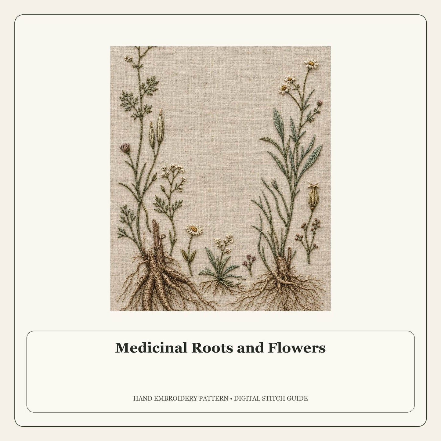 Medicinal Roots and Flowers stitch guide cover for the digital hand embroidery pattern and stitch guide