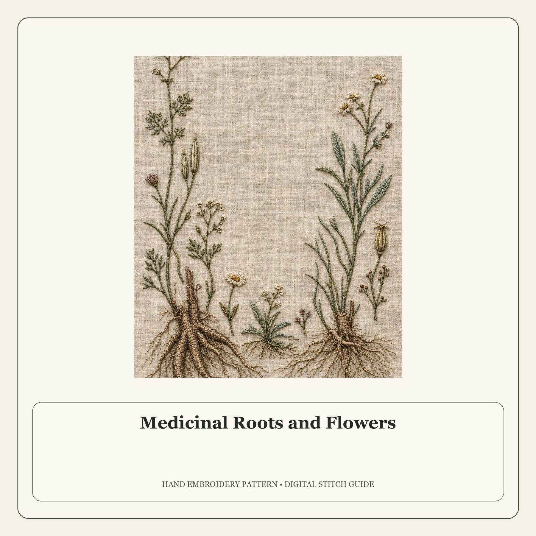 Medicinal Roots and Flowers stitch guide cover for the digital hand embroidery pattern and stitch guide