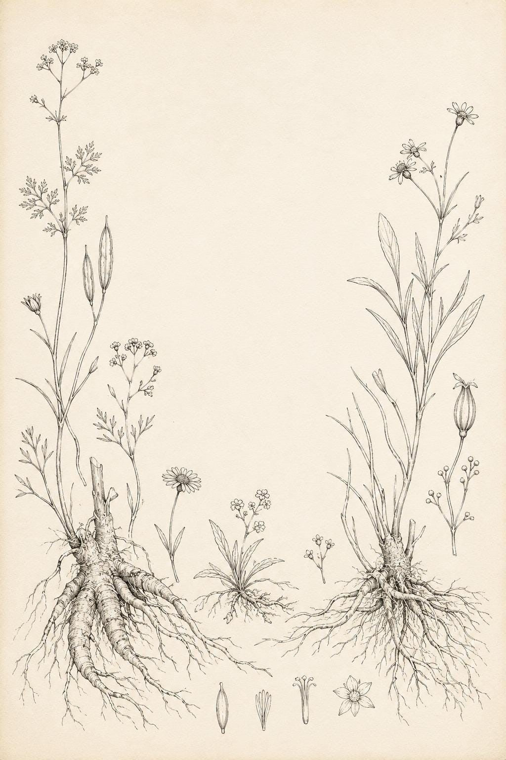 Medicinal Roots and Flowers transfer linework preview for the digital hand embroidery pattern and stitch guide