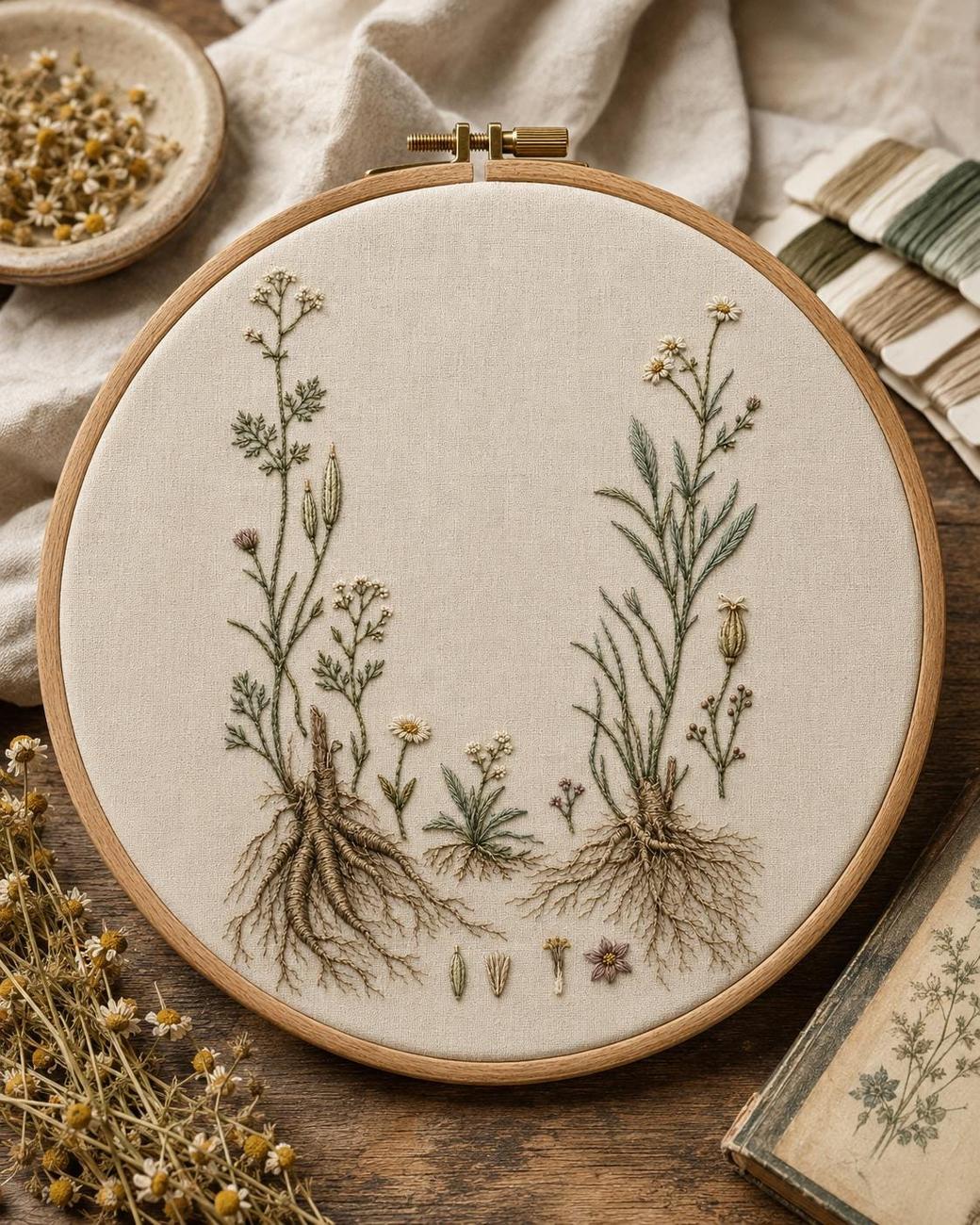 Medicinal Roots and Flowers pattern edition overview for the digital hand embroidery pattern and stitch guide