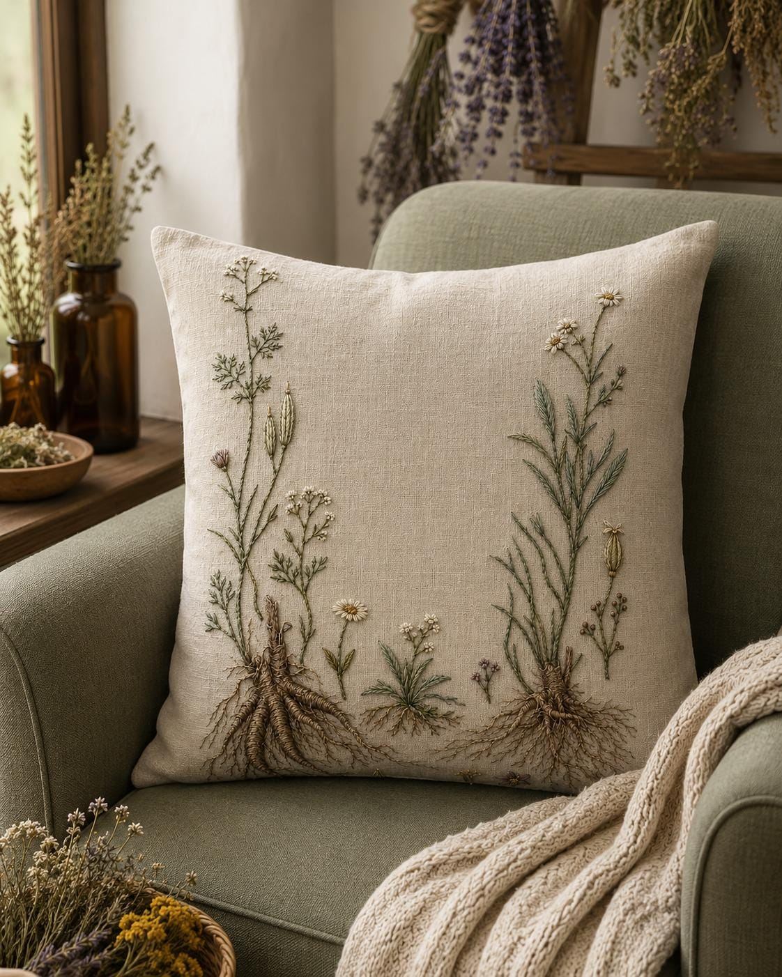 Medicinal Roots and Flowers embroidered project idea for the digital hand embroidery pattern and stitch guide