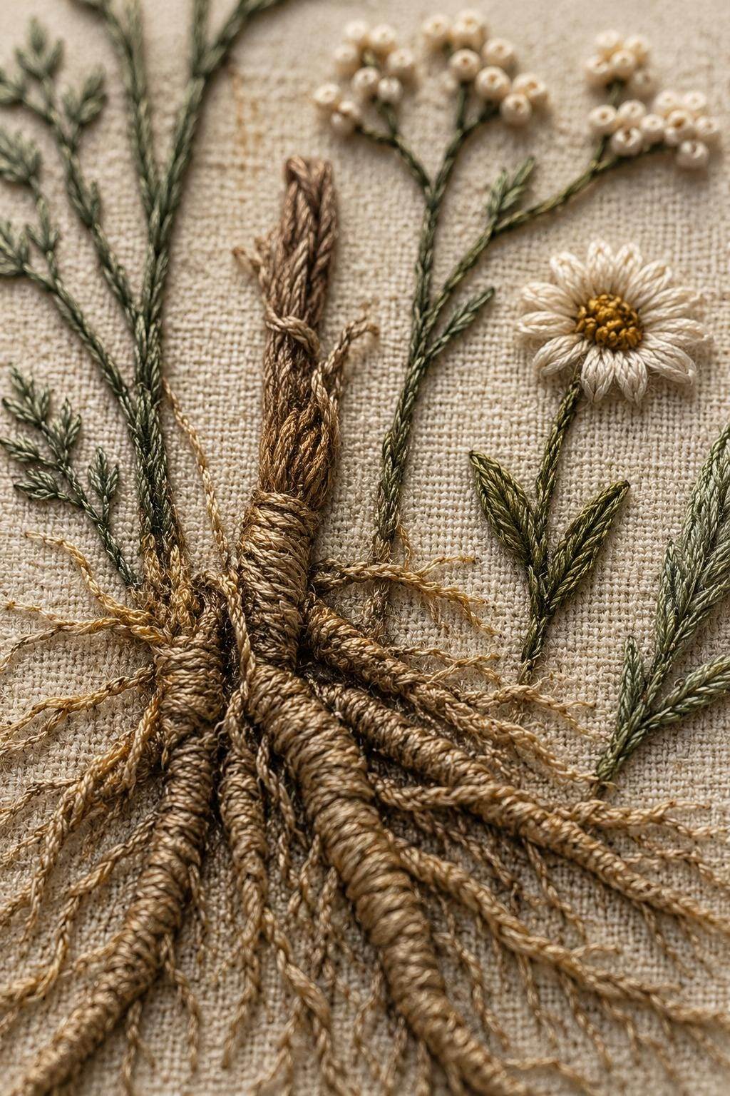 Medicinal Roots and Flowers stitch detail closeup for the digital hand embroidery pattern and stitch guide