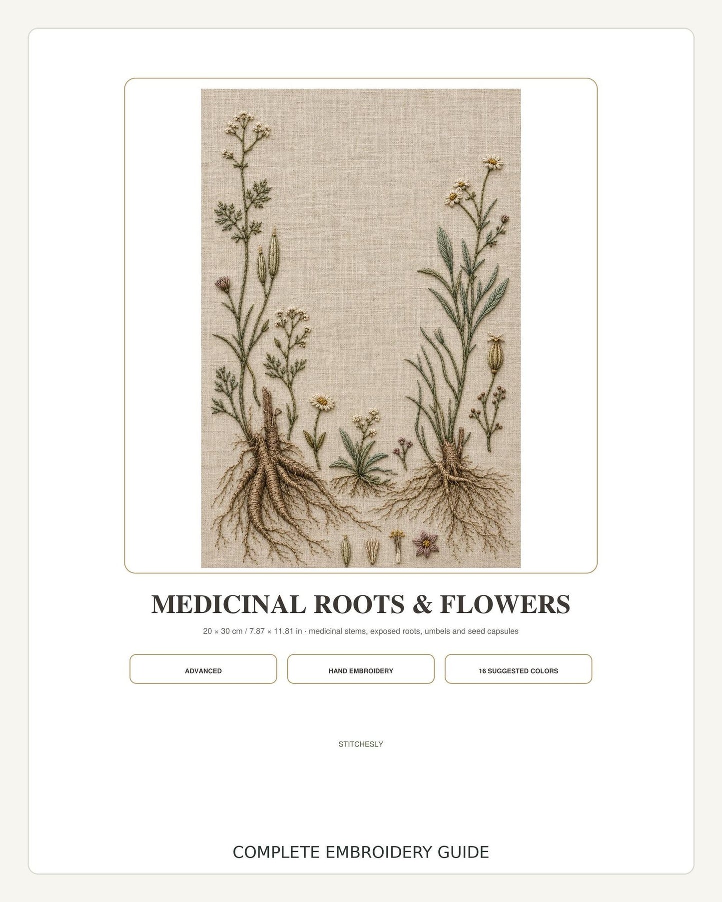 Medicinal Roots and Flowers stitch guide preview for the digital hand embroidery pattern and stitch guide