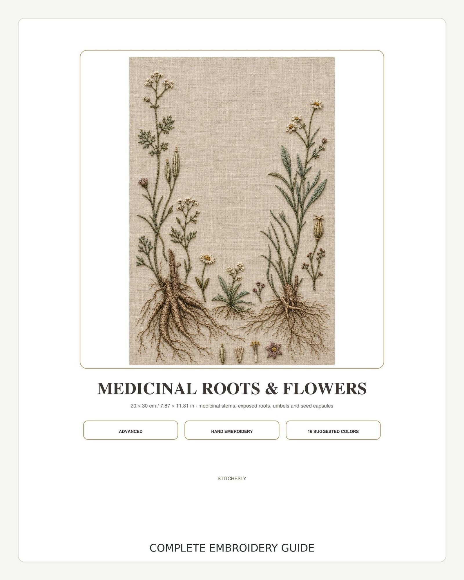 Medicinal Roots and Flowers stitch guide preview for the digital hand embroidery pattern and stitch guide