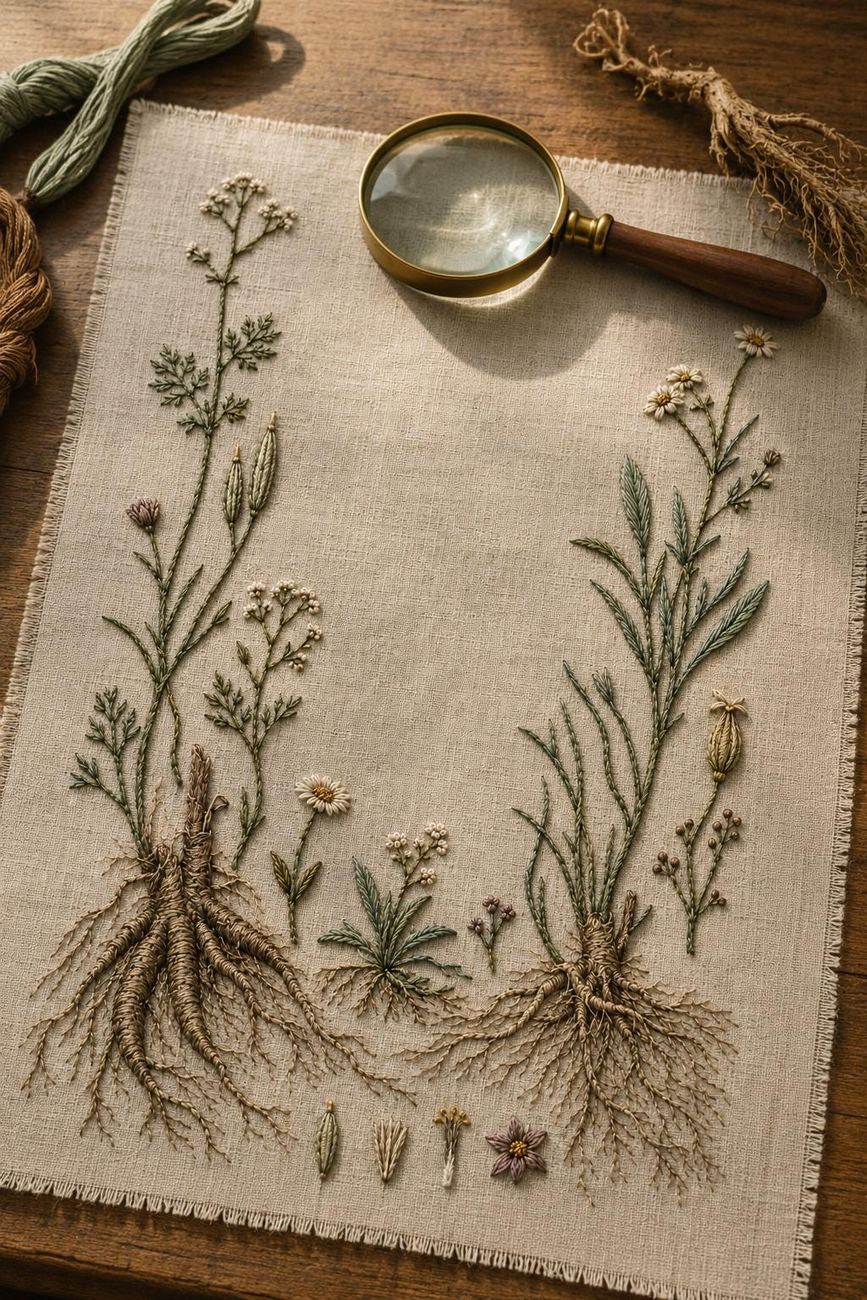 Medicinal Roots and Flowers finished design flatlay for the digital hand embroidery pattern and stitch guide