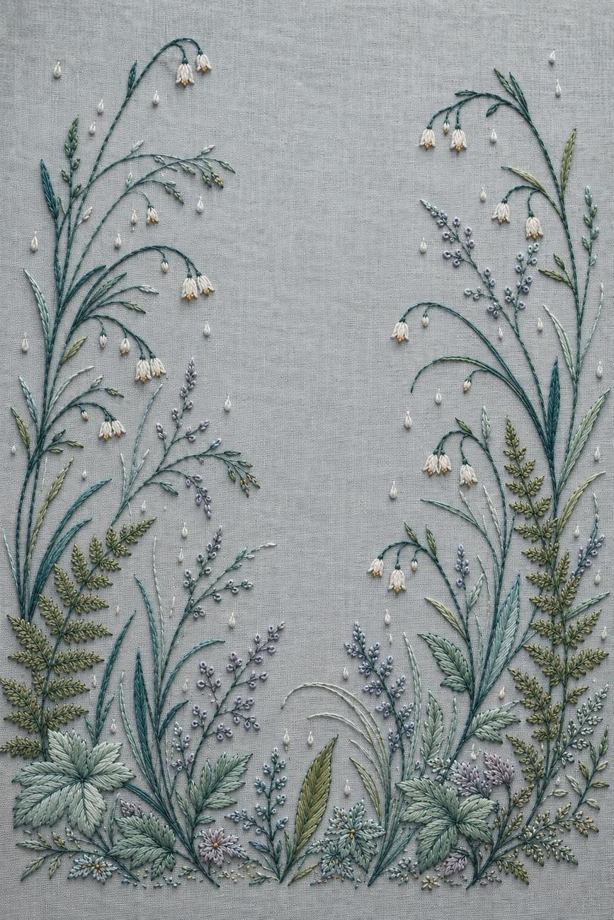 Misty Rain Garden finished embroidery reference for the digital hand embroidery pattern and stitch guide