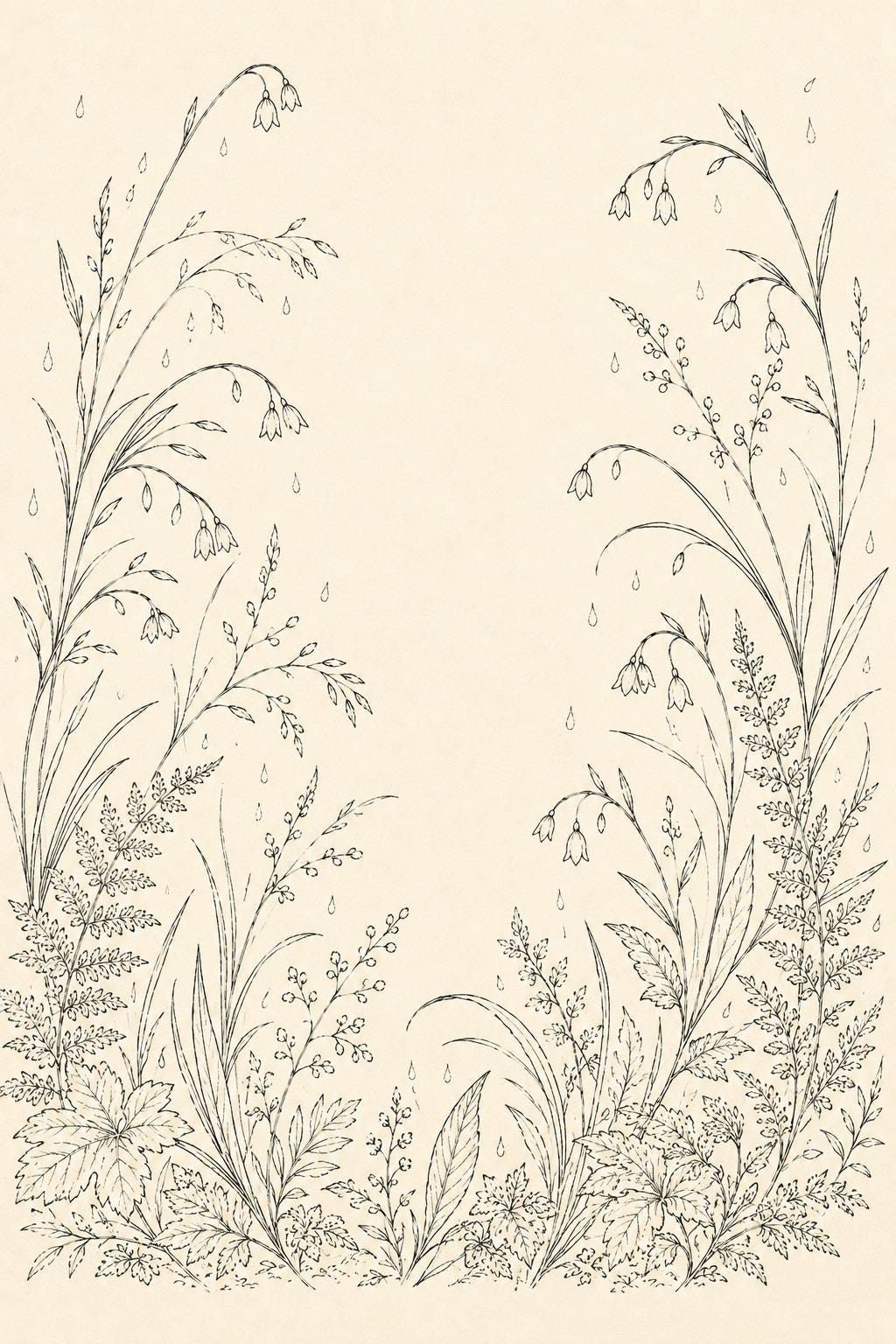 Misty Rain Garden transfer linework preview for the digital hand embroidery pattern and stitch guide