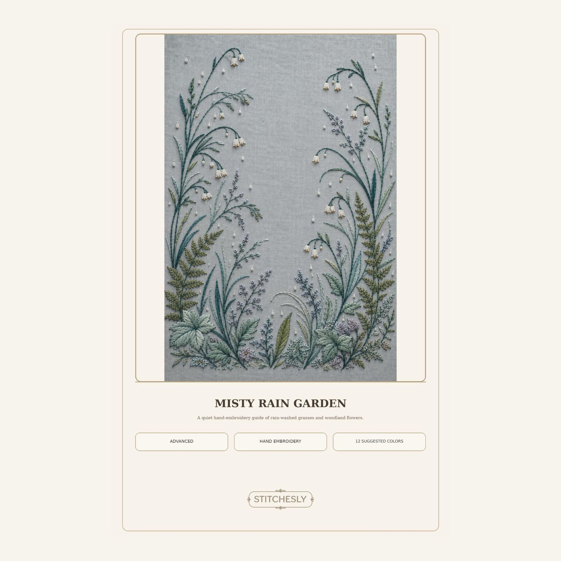 Misty Rain Garden pattern edition overview for the digital hand embroidery pattern and stitch guide