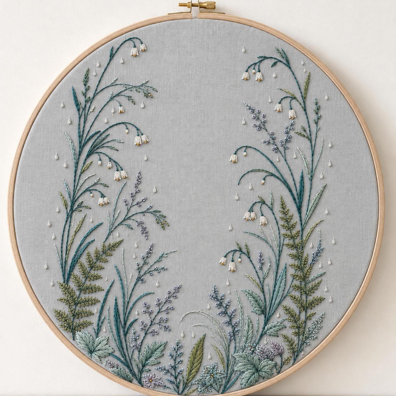Misty Rain Garden embroidered project idea for the digital hand embroidery pattern and stitch guide