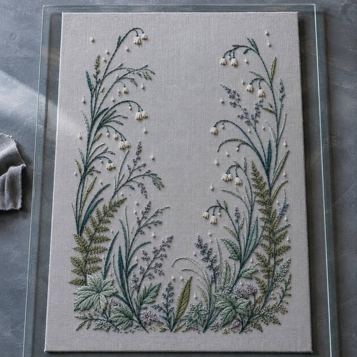 Misty Rain Garden finished design flatlay for the digital hand embroidery pattern and stitch guide