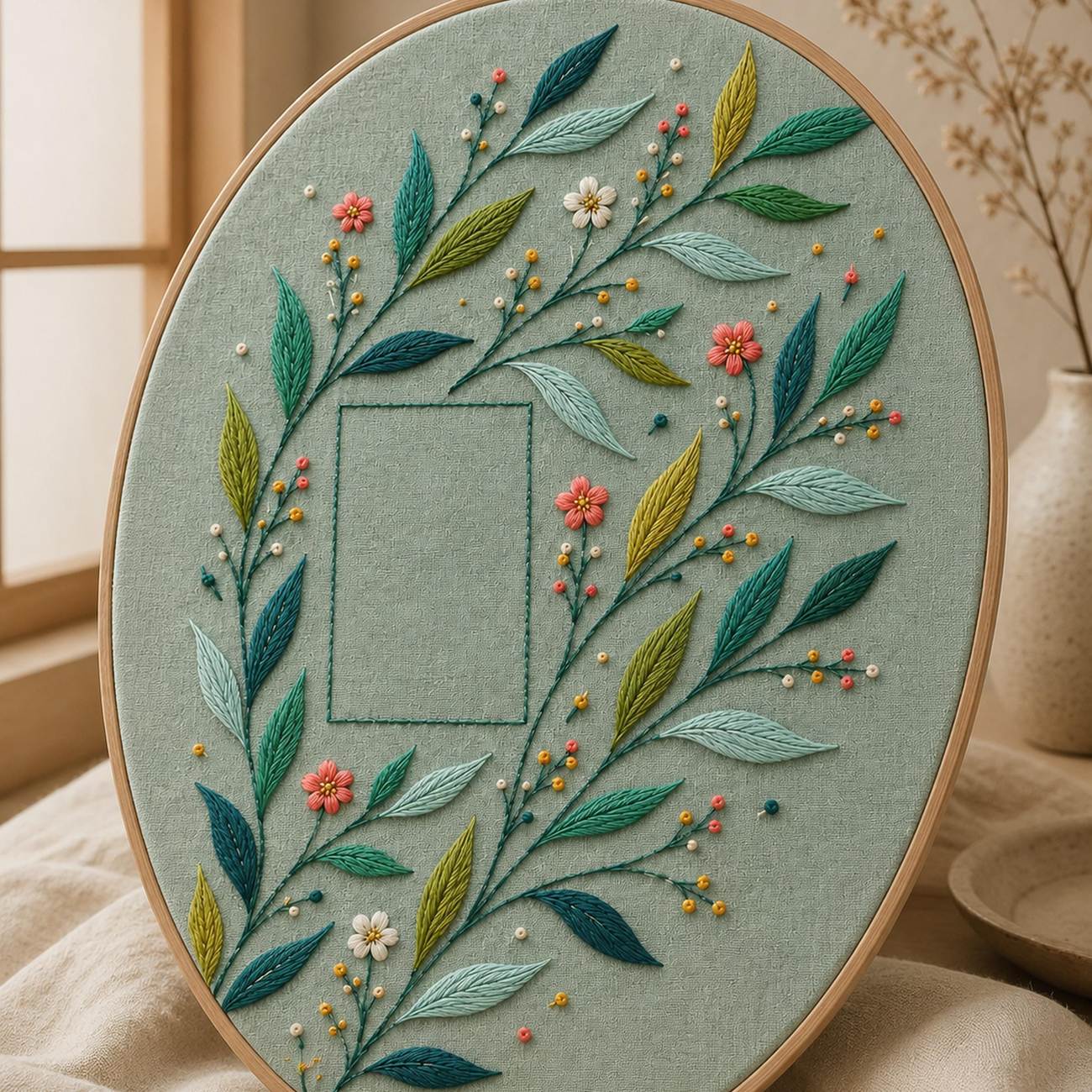 Modern Leaf Rhythm embroidered project idea for the digital hand embroidery pattern and stitch guide