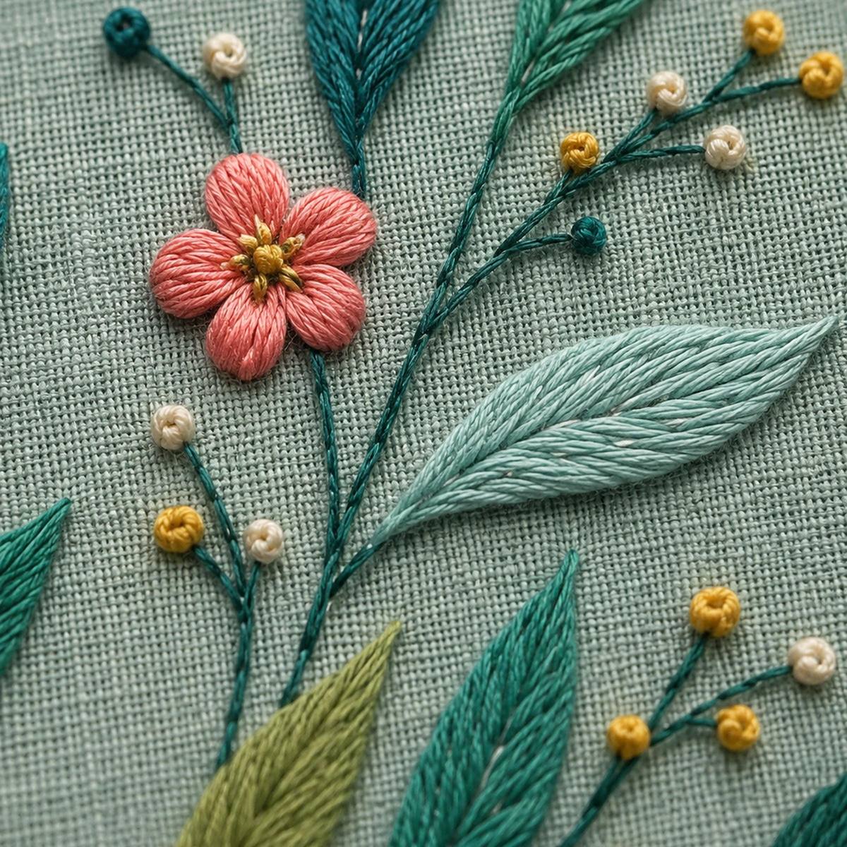 Modern Leaf Rhythm stitch detail closeup for the digital hand embroidery pattern and stitch guide
