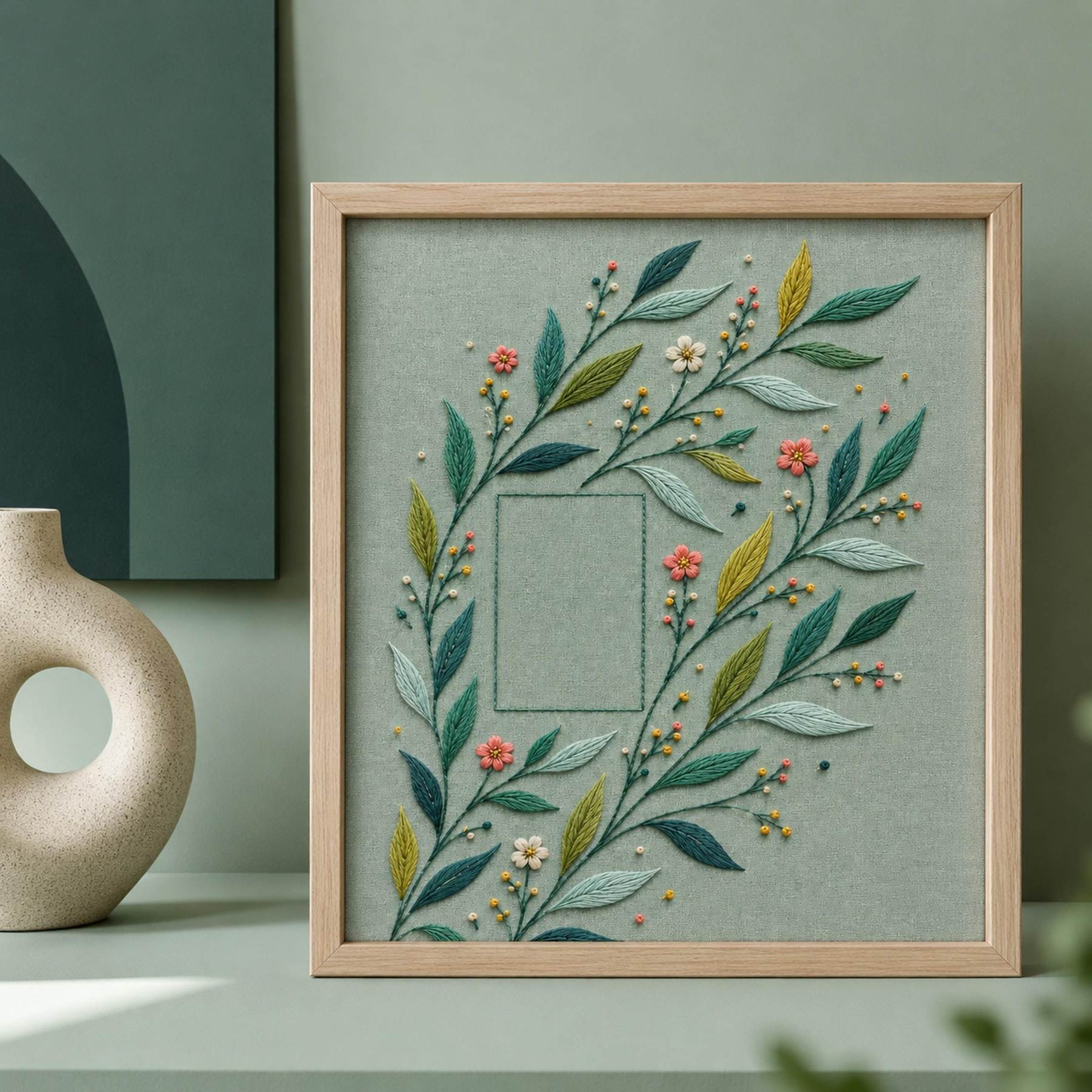 Modern Leaf Rhythm framed textile display for the digital hand embroidery pattern and stitch guide