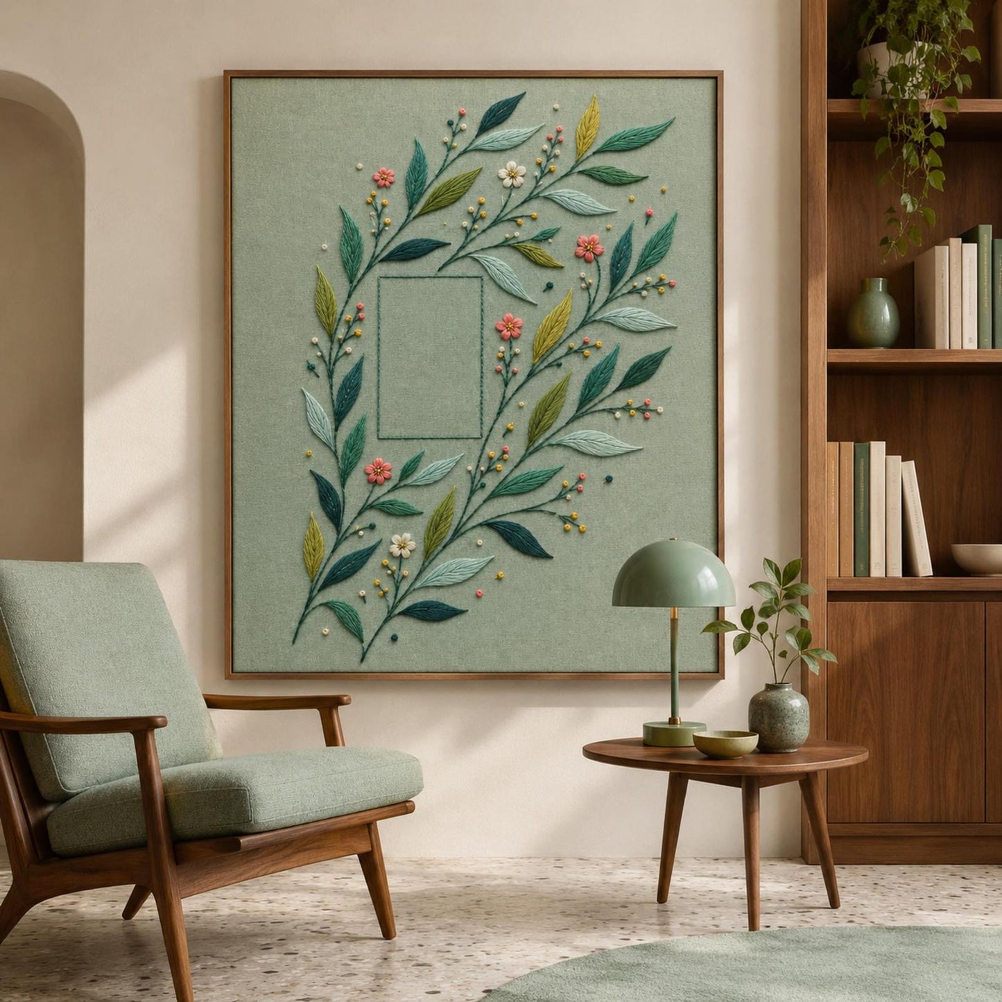 Modern Leaf Rhythm embroidery portfolio display for the digital hand embroidery pattern and stitch guide