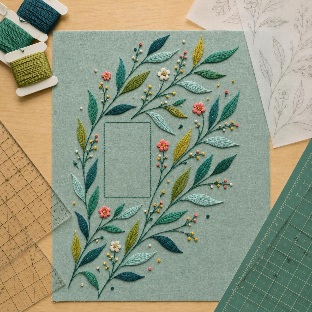 Modern Leaf Rhythm finished design flatlay for the digital hand embroidery pattern and stitch guide