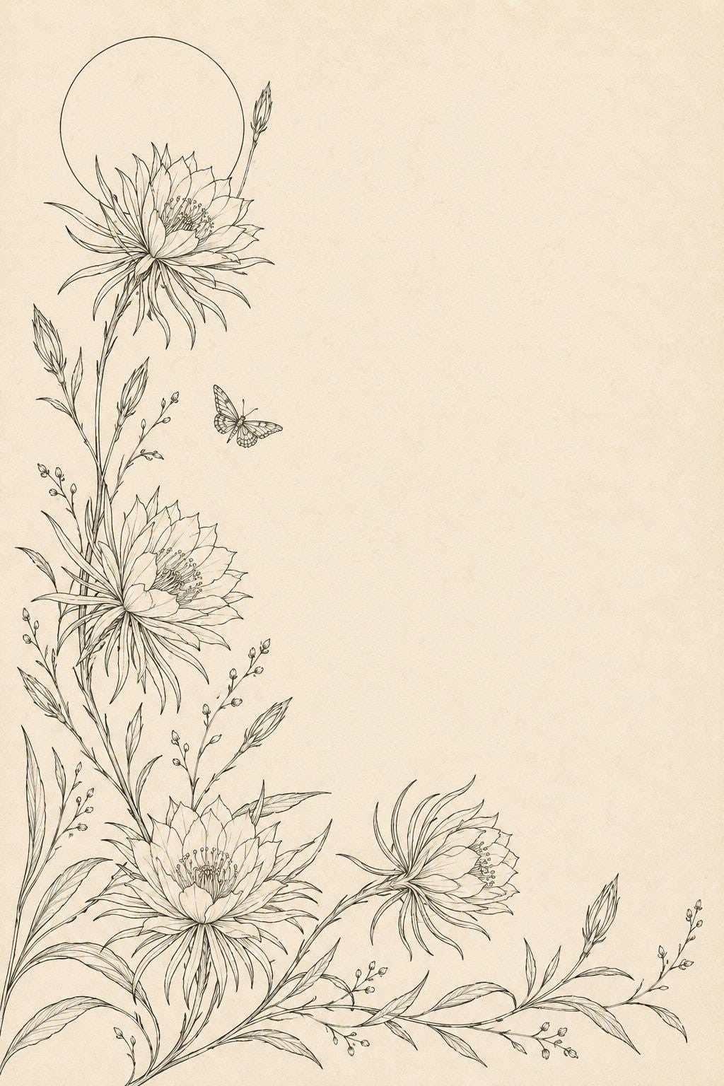 Moonlit White Flower Border transfer linework preview for the digital hand embroidery pattern and stitch guide