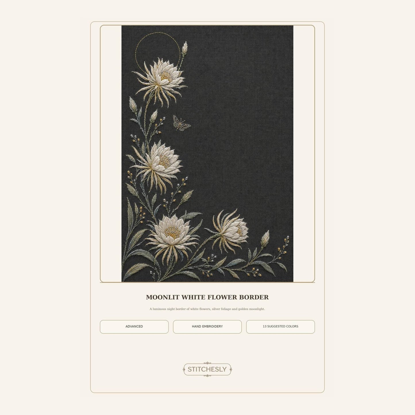 Moonlit White Flower Border pattern edition overview for the digital hand embroidery pattern and stitch guide