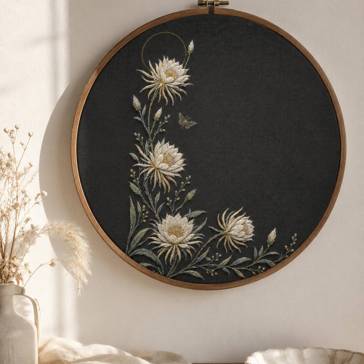 Moonlit White Flower Border embroidered project idea for the digital hand embroidery pattern and stitch guide