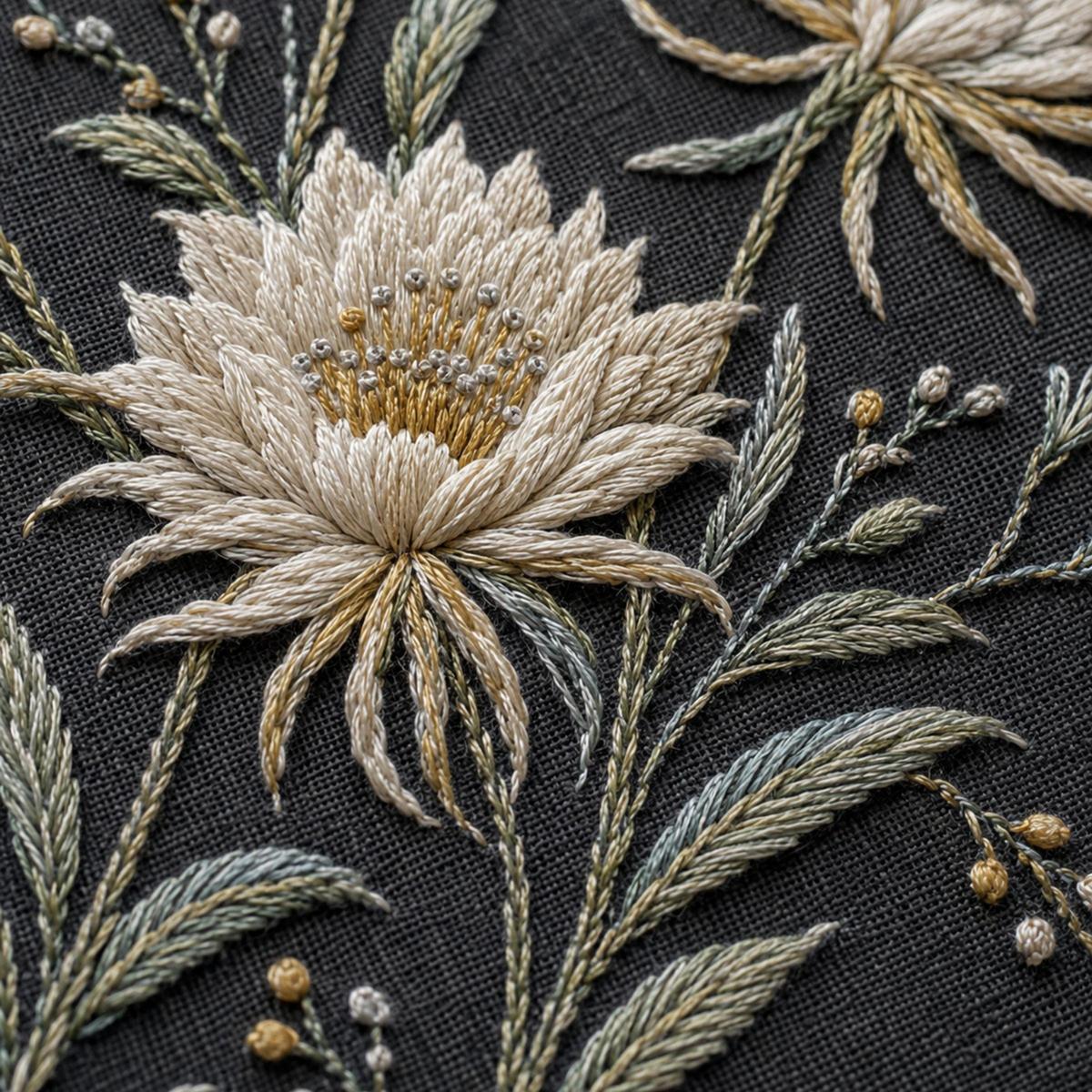 Moonlit White Flower Border stitch detail closeup for the digital hand embroidery pattern and stitch guide