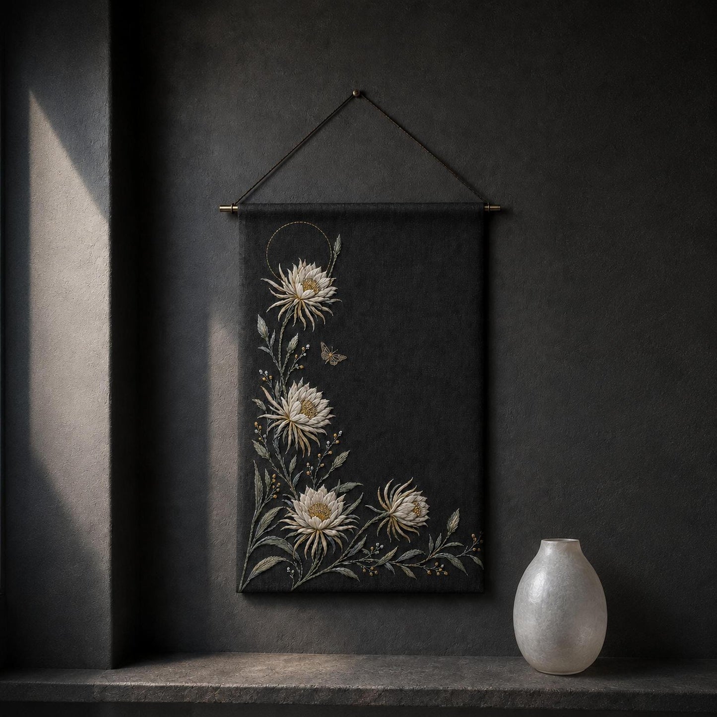 Moonlit White Flower Border framed textile display for the digital hand embroidery pattern and stitch guide