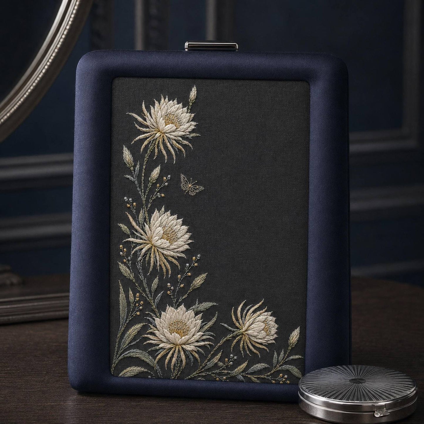 Moonlit White Flower Border embroidery portfolio display for the digital hand embroidery pattern and stitch guide