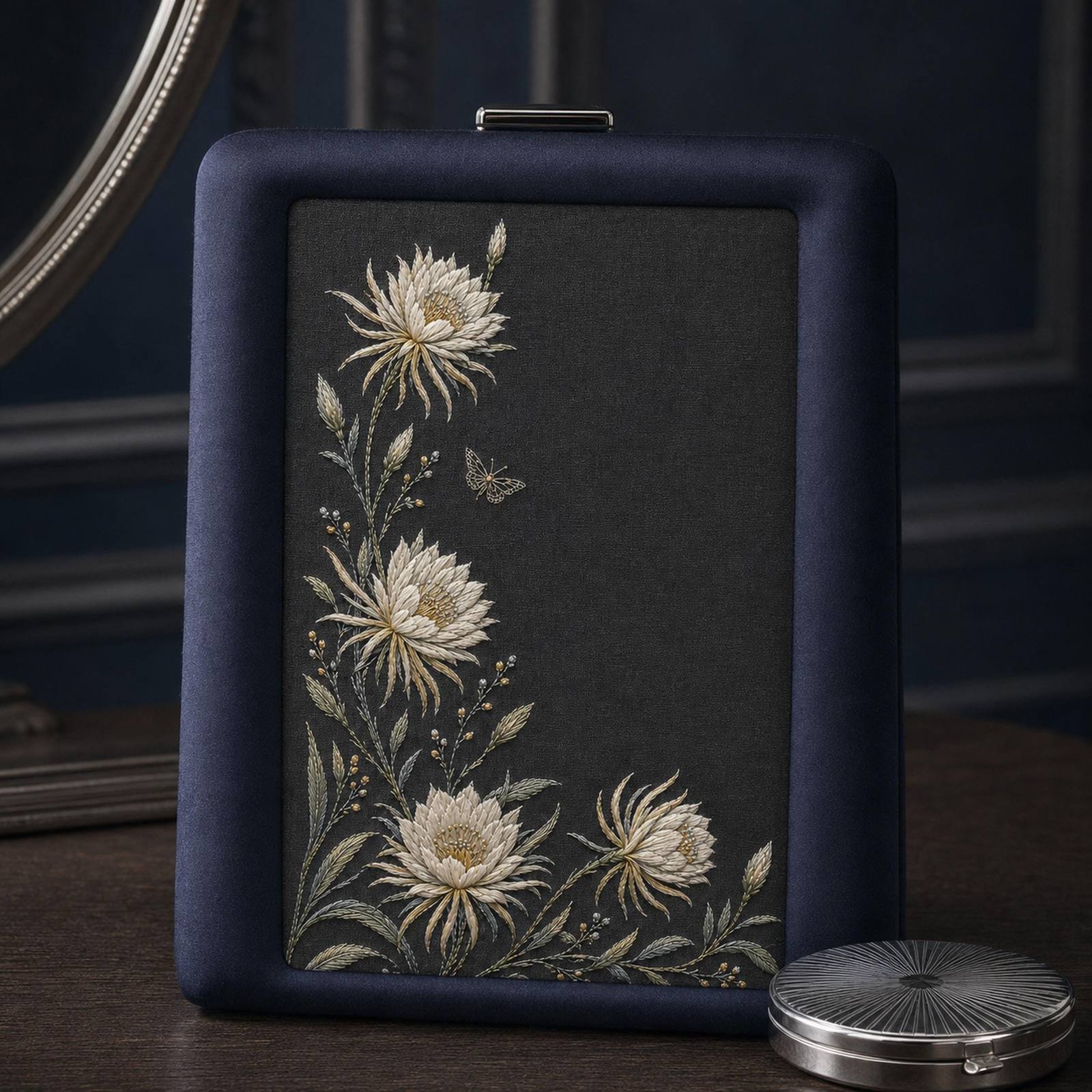Moonlit White Flower Border embroidery portfolio display for the digital hand embroidery pattern and stitch guide
