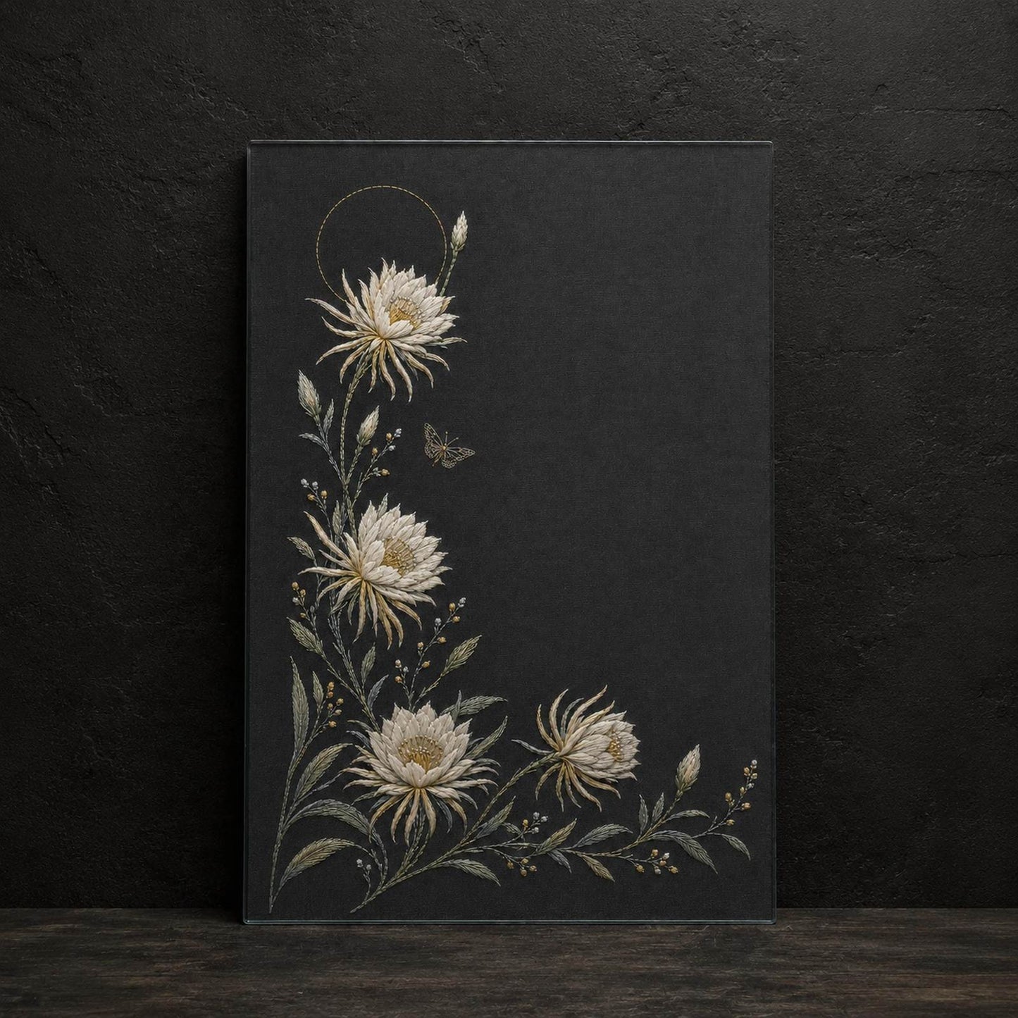Moonlit White Flower Border finished design flatlay for the digital hand embroidery pattern and stitch guide