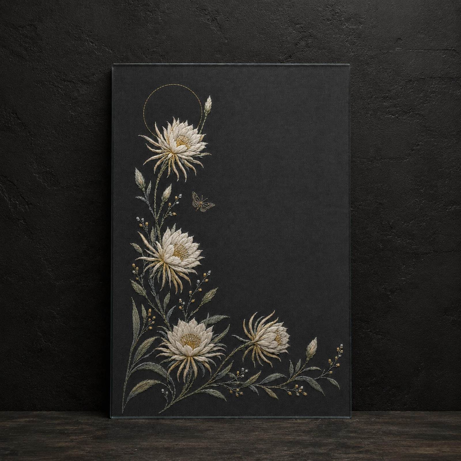 Moonlit White Flower Border finished design flatlay for the digital hand embroidery pattern and stitch guide