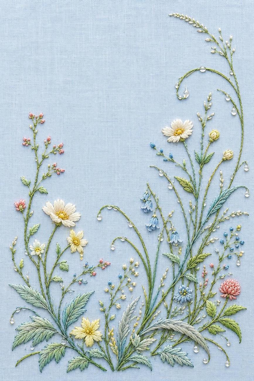 Morning Dew Garden finished embroidery reference for the digital hand embroidery pattern and stitch guide