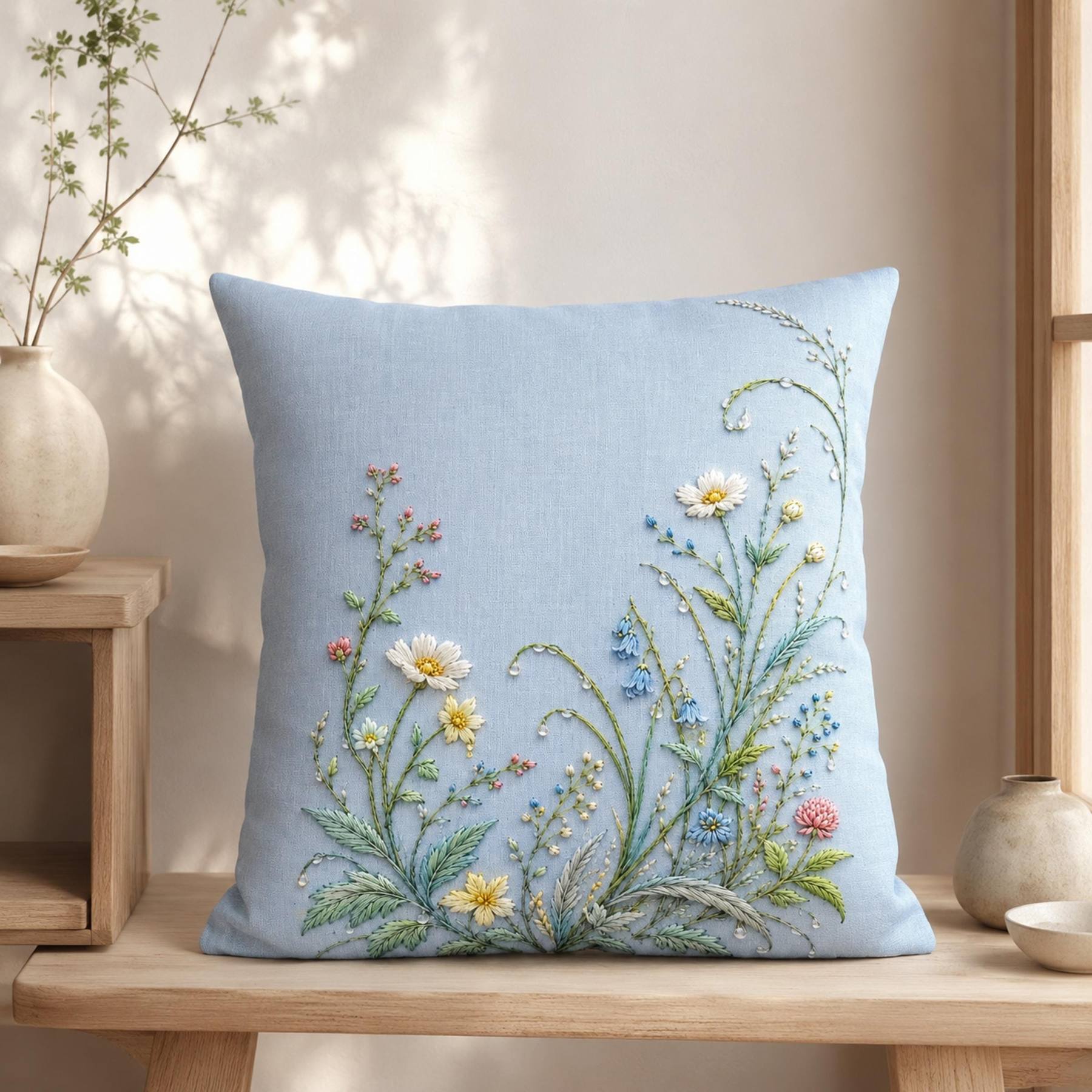 Morning Dew Garden stitch detail closeup for the digital hand embroidery pattern and stitch guide