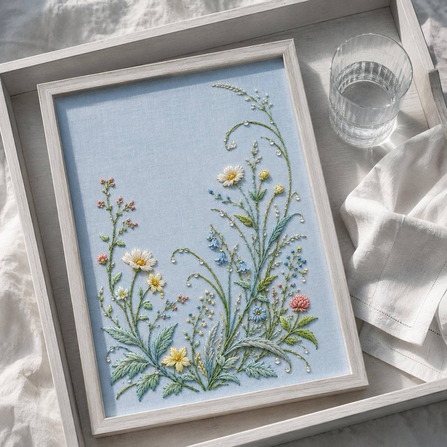 Morning Dew Garden finished design flatlay for the digital hand embroidery pattern and stitch guide
