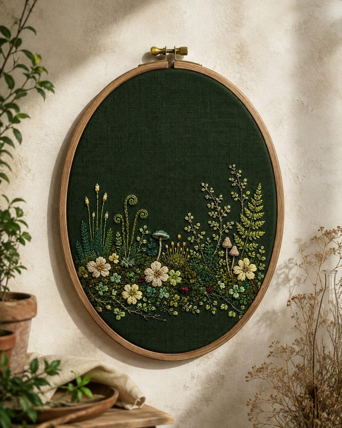 Moss Garden Micro Botanical finished hoop hero for the digital hand embroidery pattern and stitch guide
