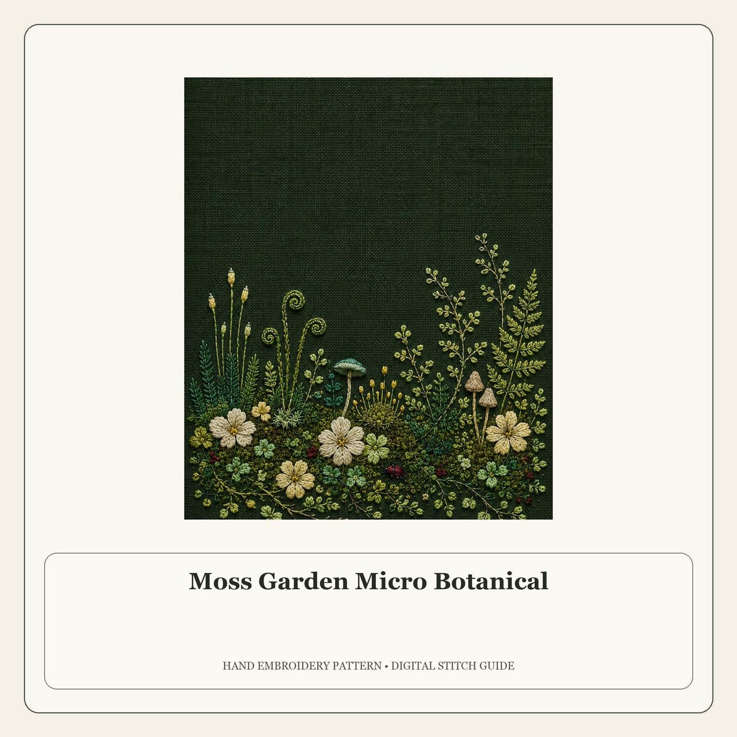 Moss Garden Micro Botanical stitch guide cover for the digital hand embroidery pattern and stitch guide