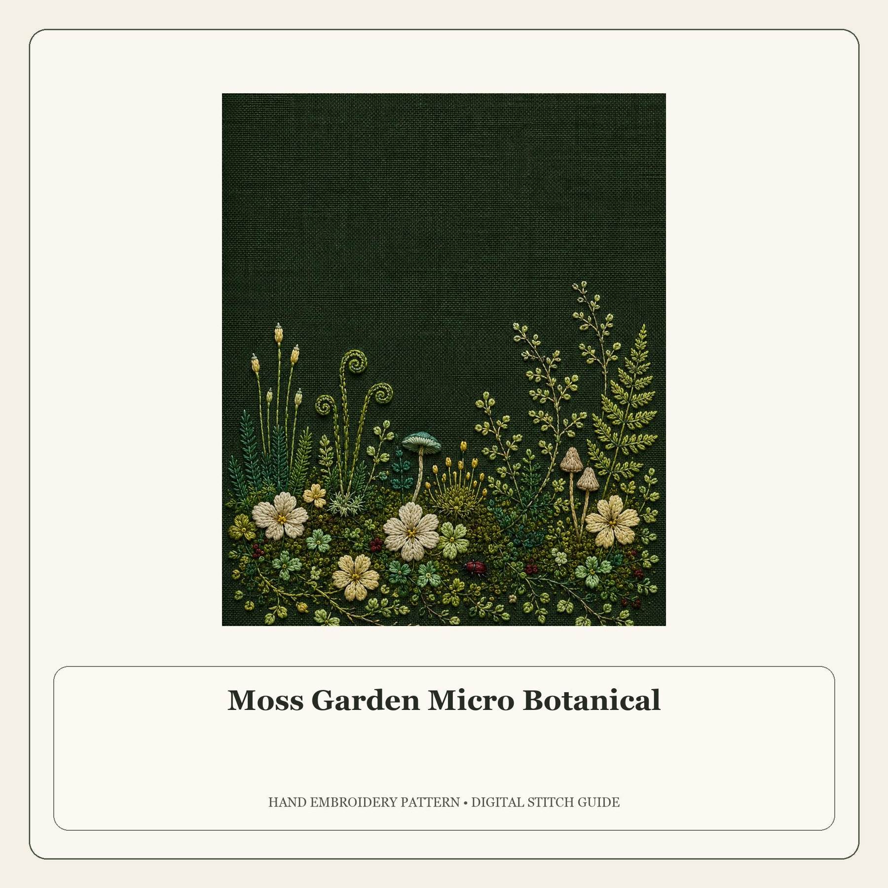 Moss Garden Micro Botanical stitch guide cover for the digital hand embroidery pattern and stitch guide