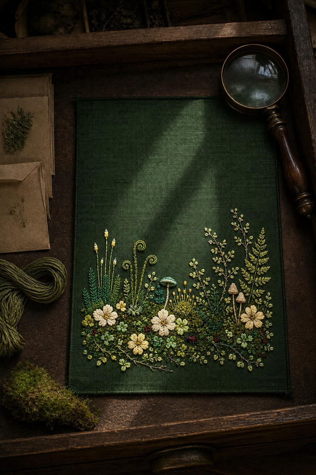 Moss Garden Micro Botanical stitch detail closeup for the digital hand embroidery pattern and stitch guide