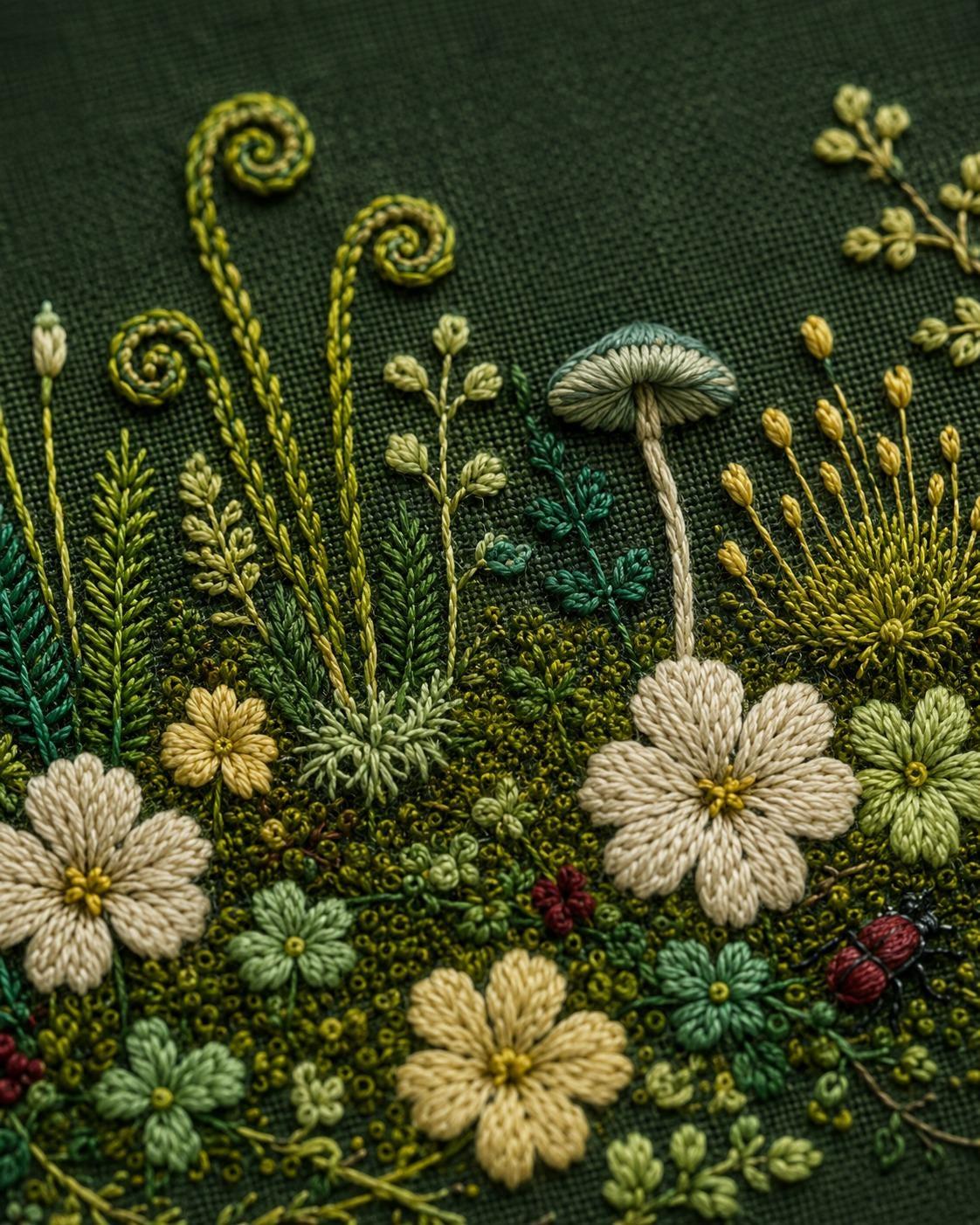 Moss Garden Micro Botanical dmc colour palette preview for the digital hand embroidery pattern and stitch guide