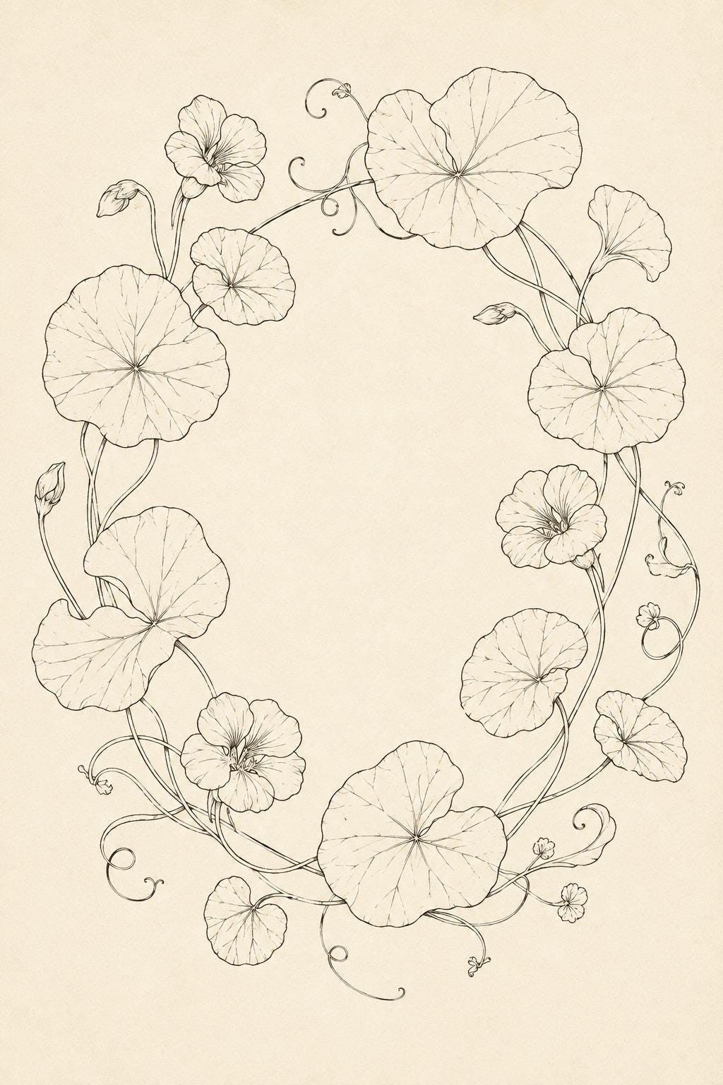 Nasturtium Circular Leaf transfer linework preview for the digital hand embroidery pattern and stitch guide