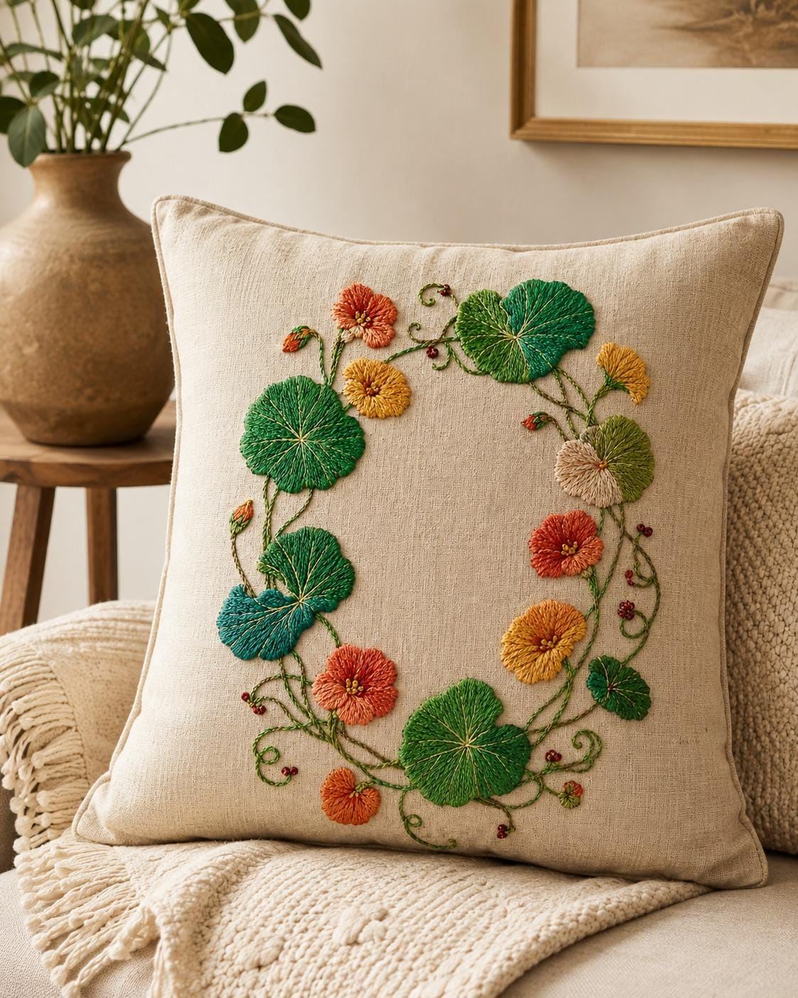 Nasturtium Circular Leaf pattern edition overview for the digital hand embroidery pattern and stitch guide