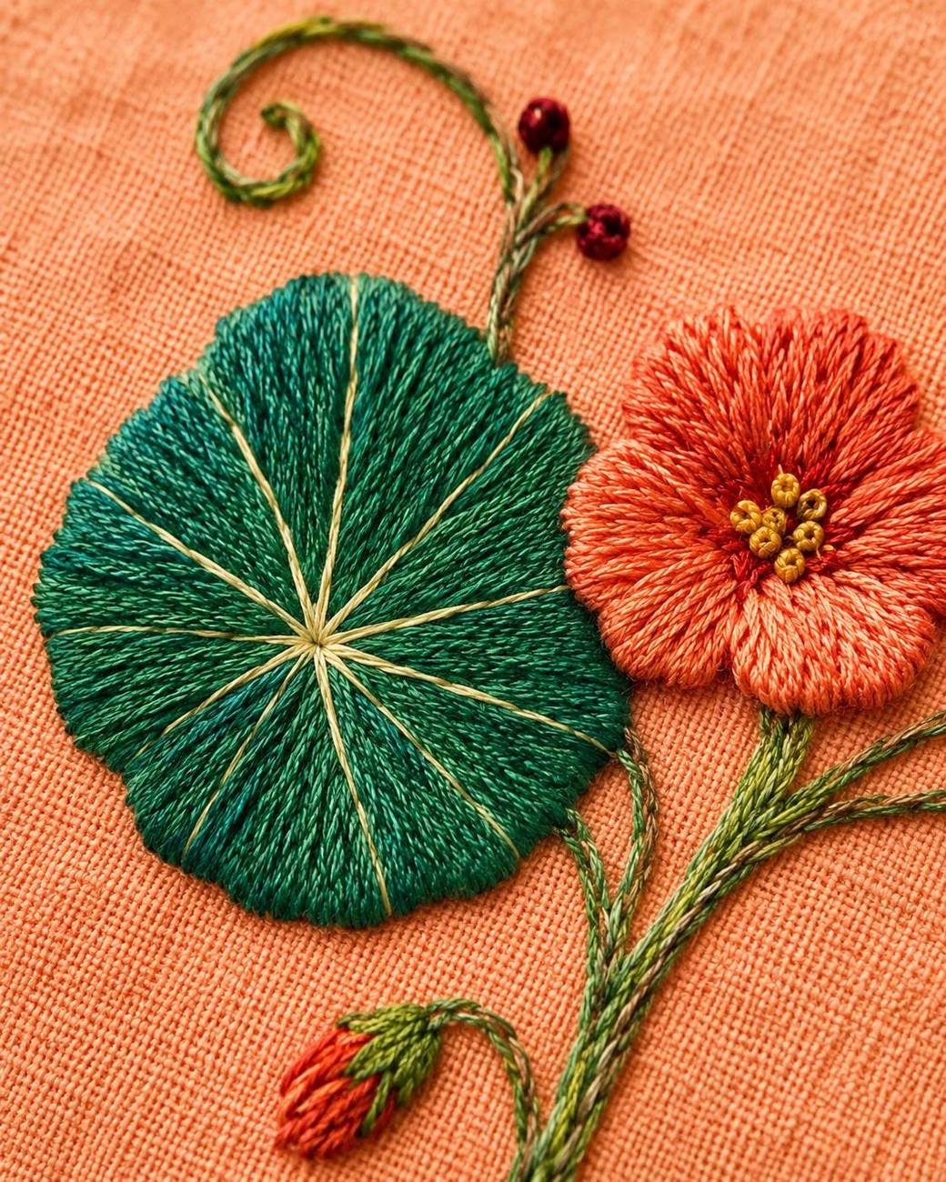 Nasturtium Circular Leaf embroidered project idea for the digital hand embroidery pattern and stitch guide