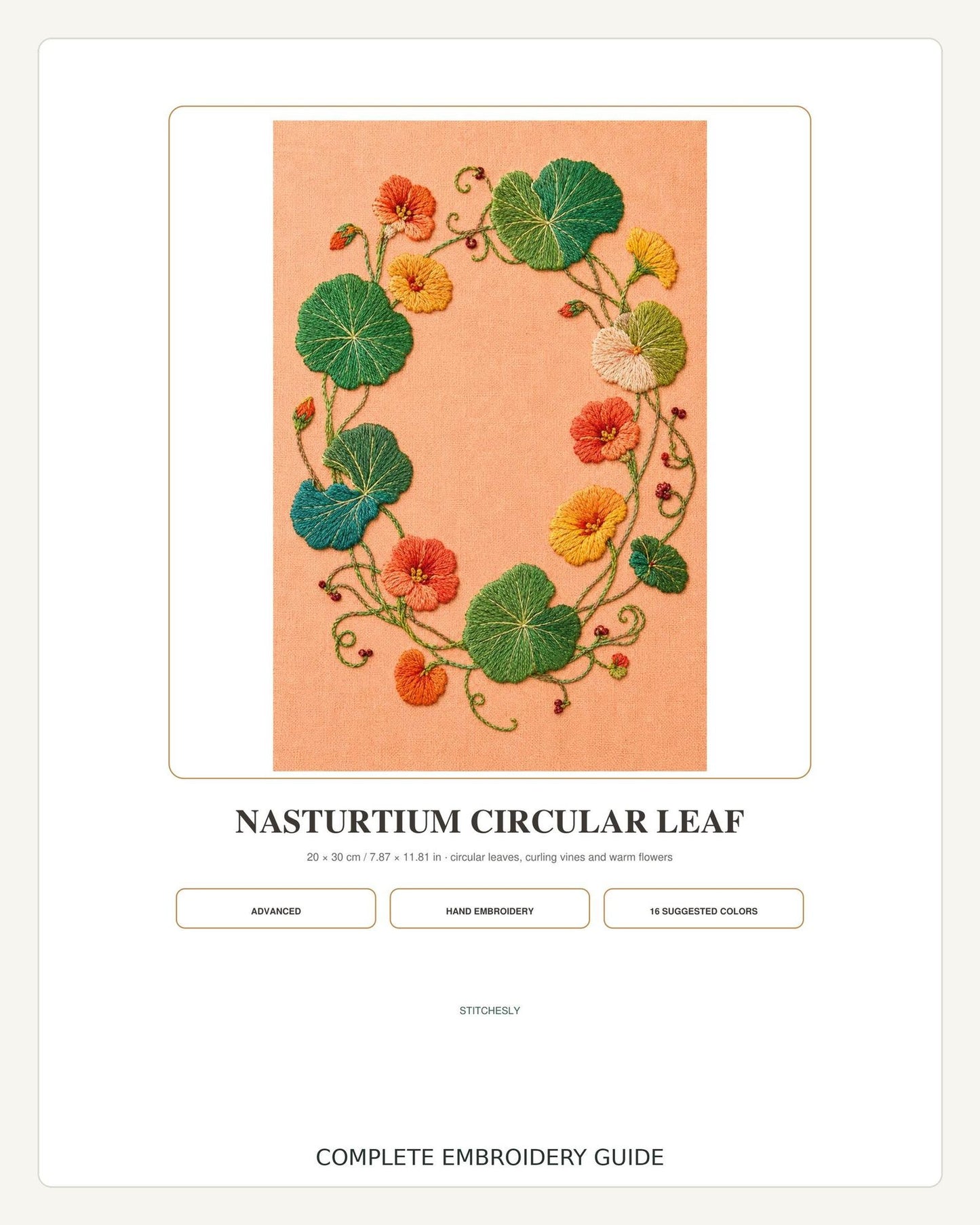 Nasturtium Circular Leaf stitch detail closeup for the digital hand embroidery pattern and stitch guide