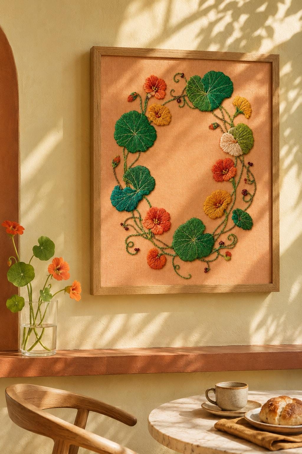 Nasturtium Circular Leaf framed textile display for the digital hand embroidery pattern and stitch guide