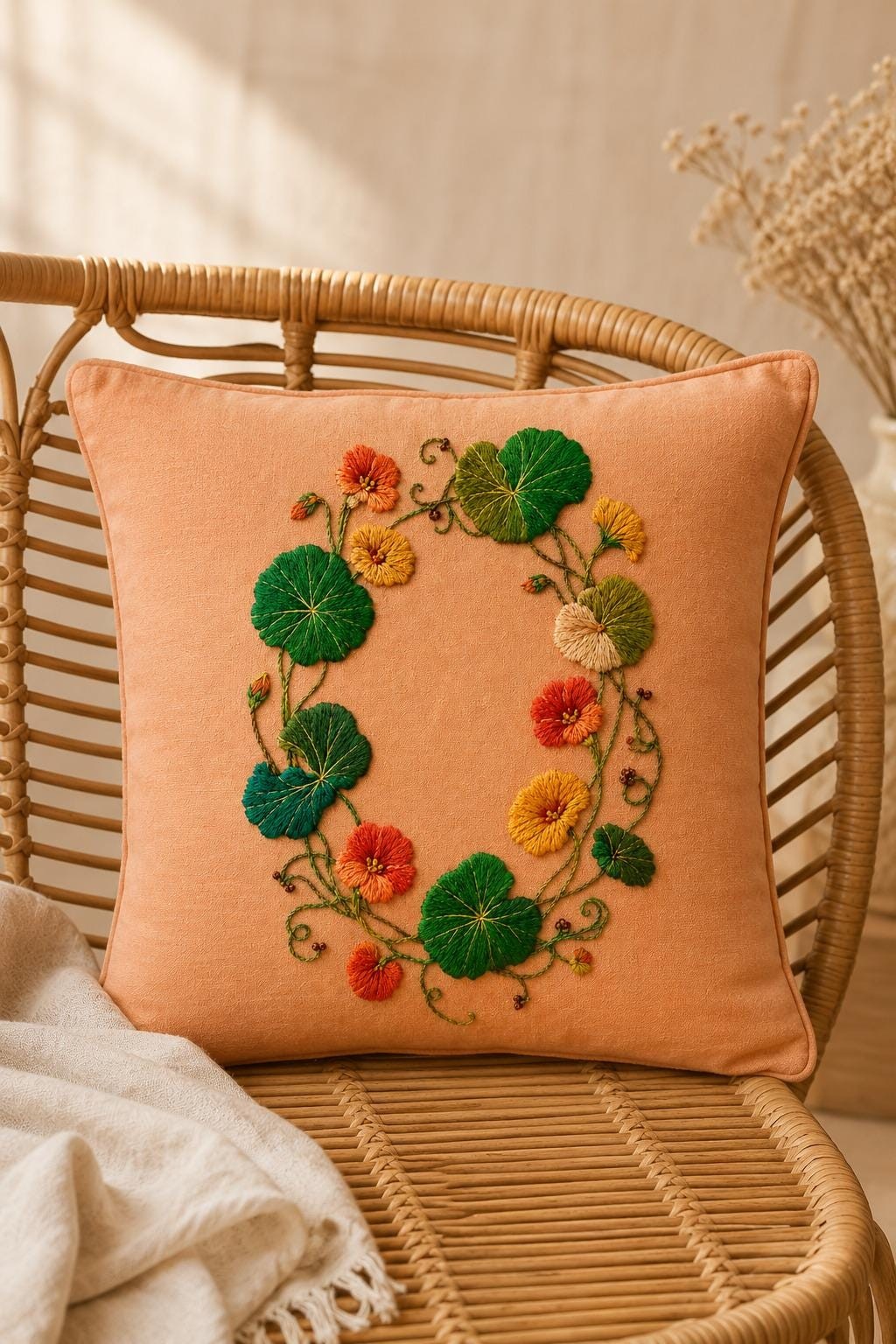 Nasturtium Circular Leaf embroidery portfolio display for the digital hand embroidery pattern and stitch guide