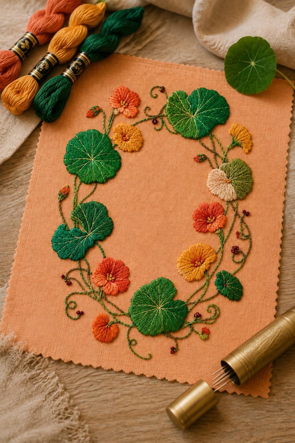 Nasturtium Circular Leaf finished design flatlay for the digital hand embroidery pattern and stitch guide