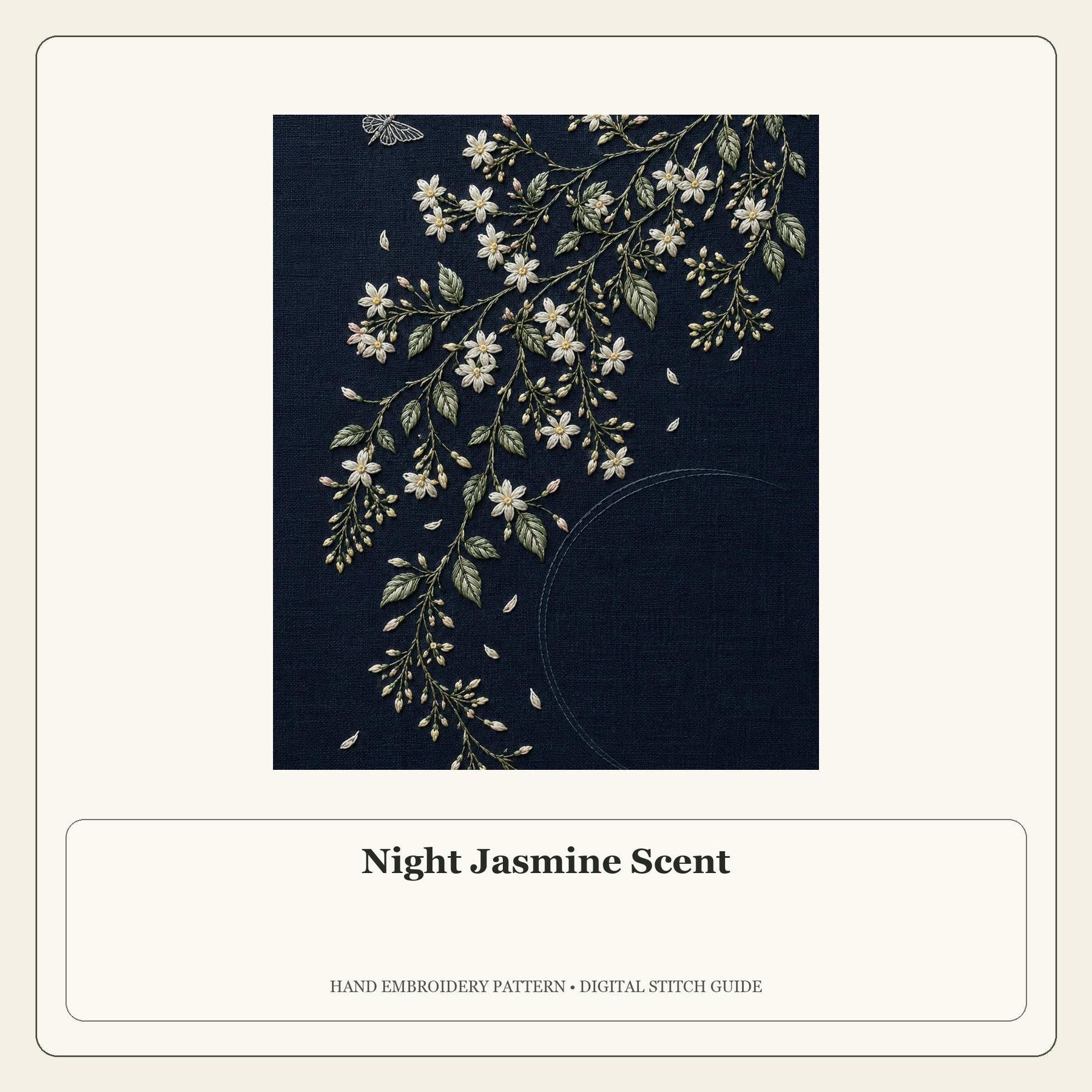 Night Jasmine Scent stitch guide cover for the digital hand embroidery pattern and stitch guide